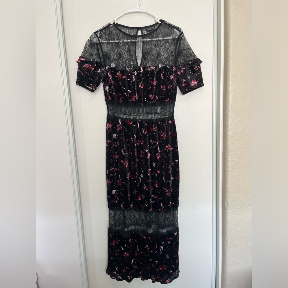 Topshop Velvet & Lace Black Floral Short Sleeve Dress US Size 6 Fairygoth - Picture 2 of 7
